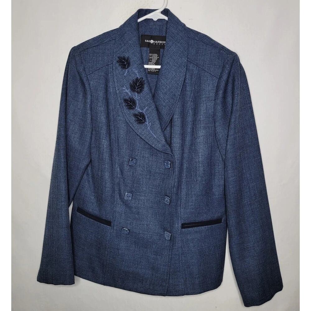 Sag Harbor Blue Embroidered LS Double Breasted Tweed Woven Blazer Women's Sz 10